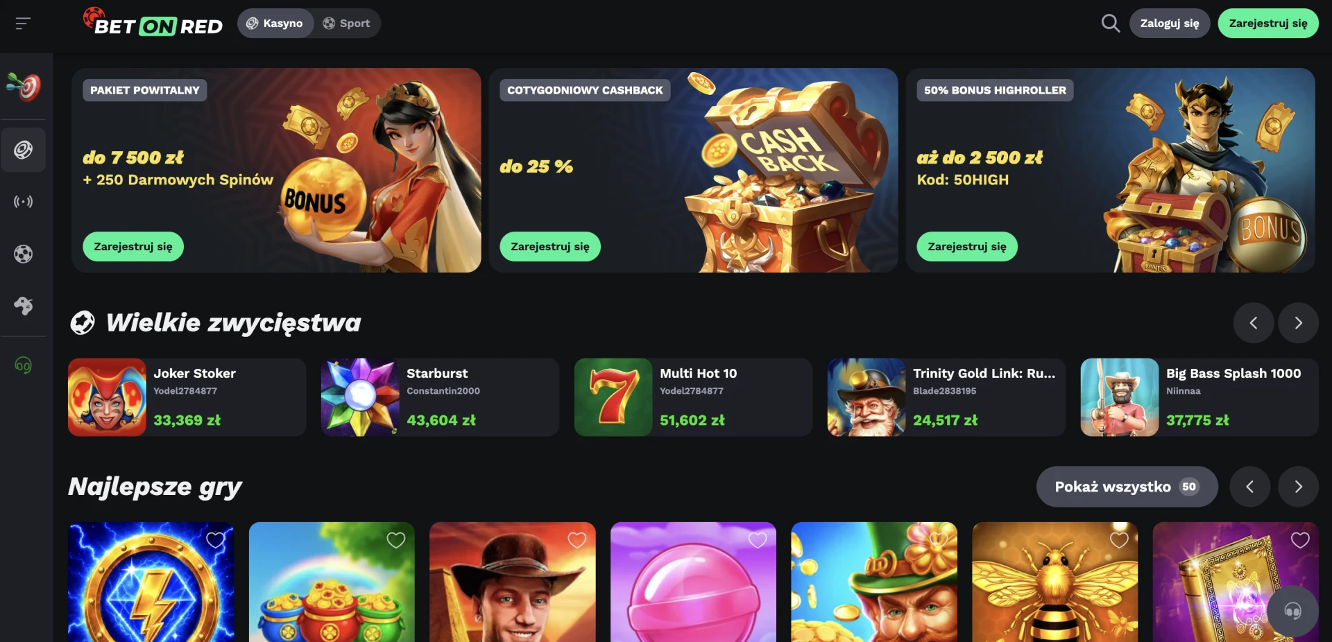 Strona główna BetOnRed Casino z pakietem powitalnym